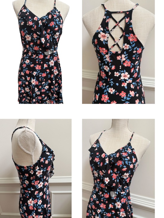 No Boundaries Dresses & Skirts - No Boundaries Black Floral Ruffle-Front Spaghetti Strap Dress